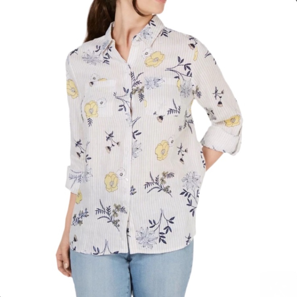CHARTER CLUB 100% Linen Floral‎ Striped Button-Down Shirt Size Medium Roll-Tab